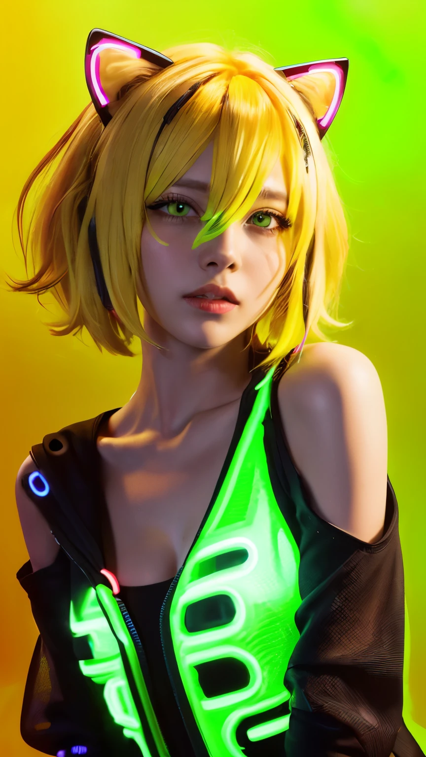 masterpiece, highest quality, 4K, Photorealistic, bokeh, enlightenment,1 perfect portrait of a girl, (A fascinating eye for perfect detail:1.2), colorful hair, (gradient hair), (neon yellow hair:1.6), (Cat ear:1.2), fantasy background, (exposed bare shoulders), (long-term alienation sleeve), (lean forward a little), head tilt, movie lighting, oversized clothes, (seductive pose:1.4), (neon yellow background:1.6), green beautiful eyes, close up,