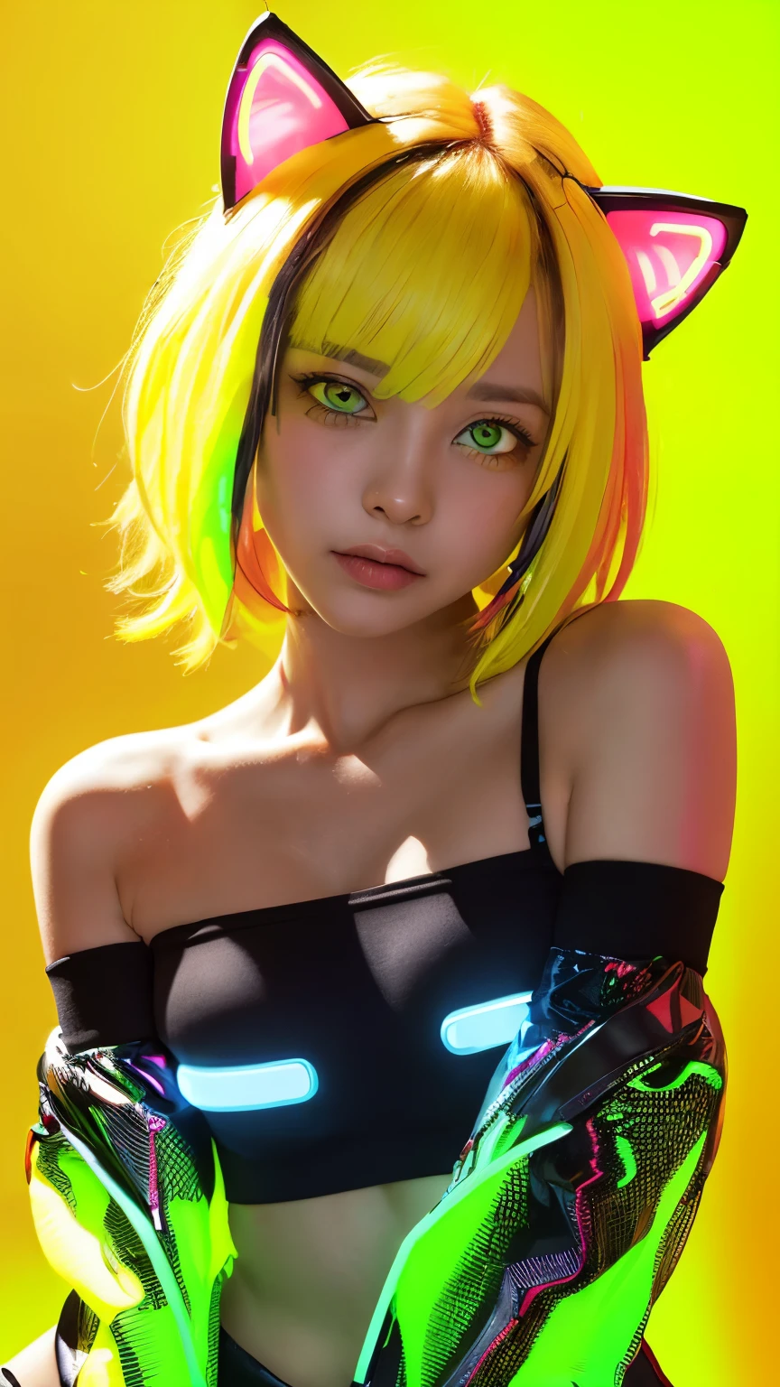masterpiece, highest quality, 4K, Photorealistic, bokeh, enlightenment,1 perfect portrait of a girl, (A fascinating eye for perfect detail:1.2), colorful hair, (gradient hair), (neon yellow hair:1.6), (Cat ear:1.2), fantasy background, (exposed bare shoulders), (long-term alienation sleeve), (lean forward a little), head tilt, movie lighting, oversized clothes, (seductive pose:1.4), (neon yellow background:1.6), beautiful blue eyes, close up,