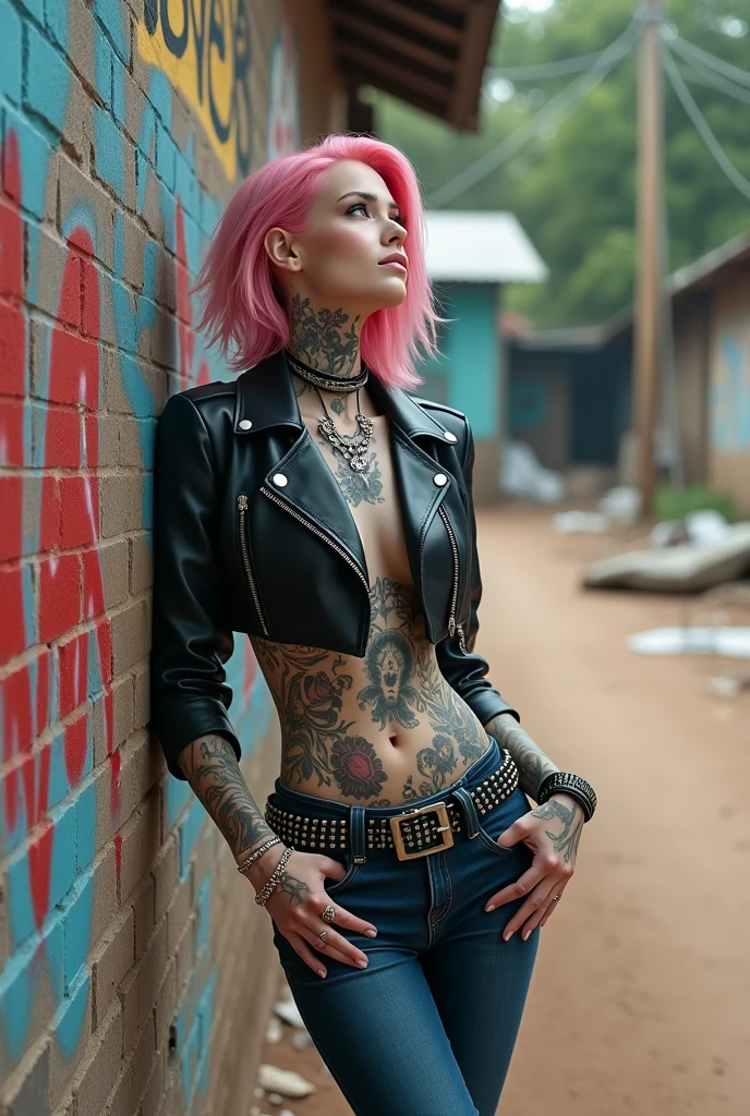 russian milf woman, grey  hair (pouf, top ponitail, shaved sides), with very light blue eyes, extremely pale skin. All neck tattooed. All stomach tattoed. All hands tattooed.Wearing cropped aged black moto jacket with lots of zippers and pins.. expensive black lace bra. Dark worn grey low rise skinny  jeans.. wide black studded belt. Leaning her back on a graffitied brick wall  with hands on her hips, looking up, chin up, stretching her neck , humble facial expression.. Listening with tilted head, looking up to somebody more clever  speaking to her from the sky, upper teeth visible. Well toned abdominals, thin neck, slim legs and thin arms. Narrow hips. Dirt street in Kenyan village full of waste. Lots of silver bracelets. 