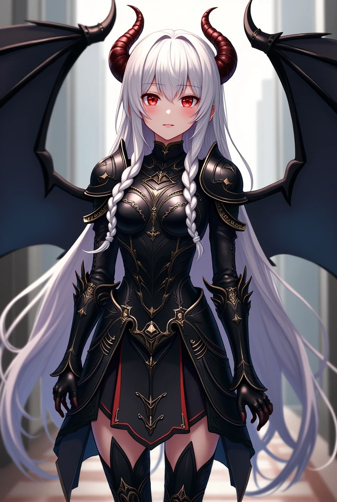 1 gorgeous, beautiful, cute, female adult woman, she has long hair and is wearing a dark purple knight armor, she has silver hair and red eyes, she is looking at the viewer, she has, no hair between her eyes, she is standing looking at the viewer, shy, whole body, covered in armor