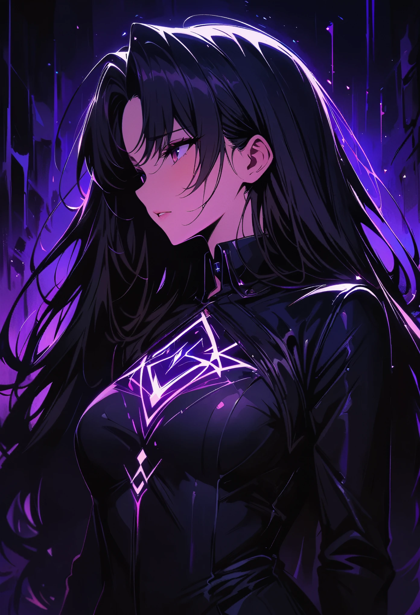 Rin Tohsaka，(masterpiece, best quality:1.2), Black Light Art，1 girl, solitary，Chest
