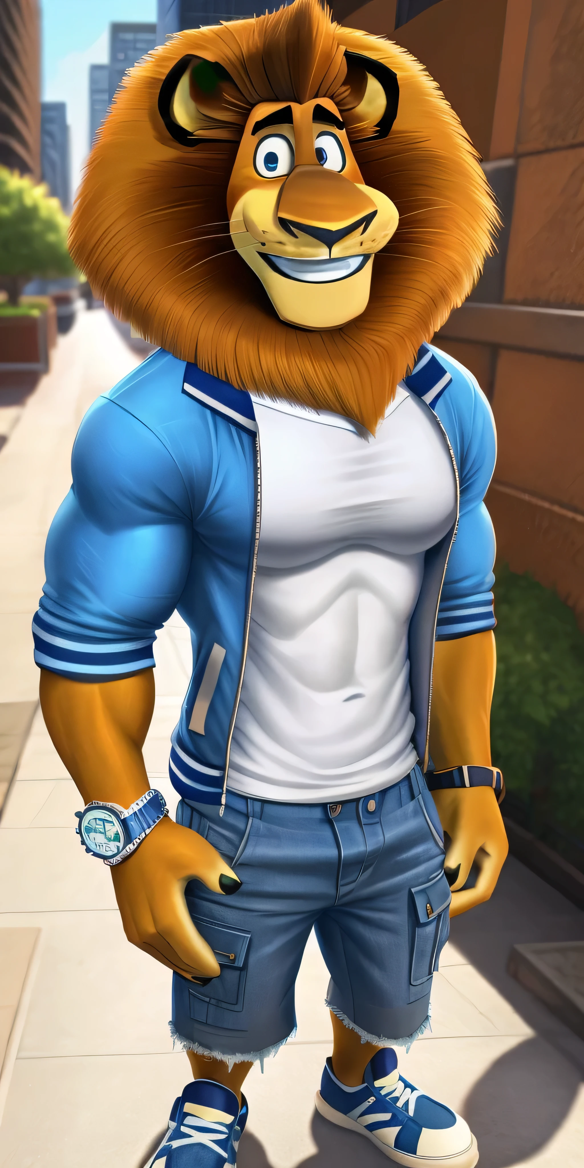 Alex the Lion, muscular body, big biceps, extremely beautiful and cute face, perfectly detailed blue eyes with perfectly detailed black pupils, wears blue t-shirt, denim cargo shorts, bare feet, streets background, selfie, friendly look, smiling