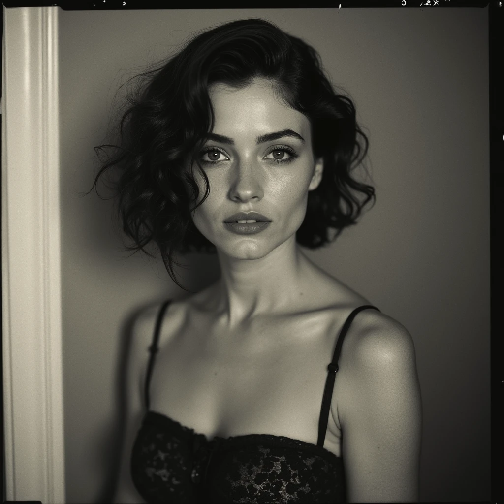 photo of (me1kaw:0.99), closeup portrait, perfect hair, hair upsweep updo, posing, (vintage photo, lingerie), (polaroid frame), 24mm, ((tintype)), (analog, film, film grain:1.3), ((on a Paris street, night, gritty)), ((detailed eyes)), (seductive pose), (epicPhoto), huge breast, big tits,