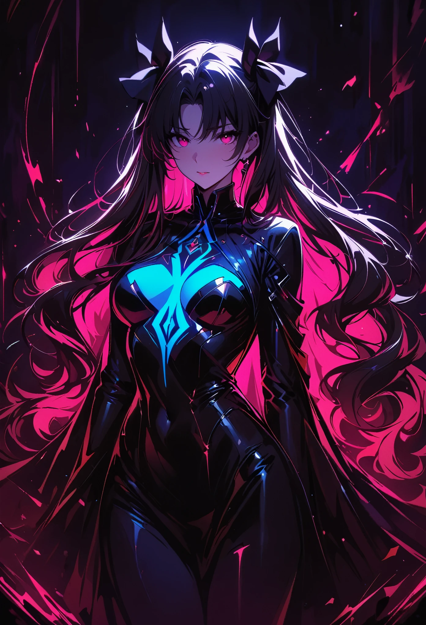 Rin Tohsaka，(masterpiece, best quality:1.2), Black Light Art，1 girl, solitary，Chest，Crimson