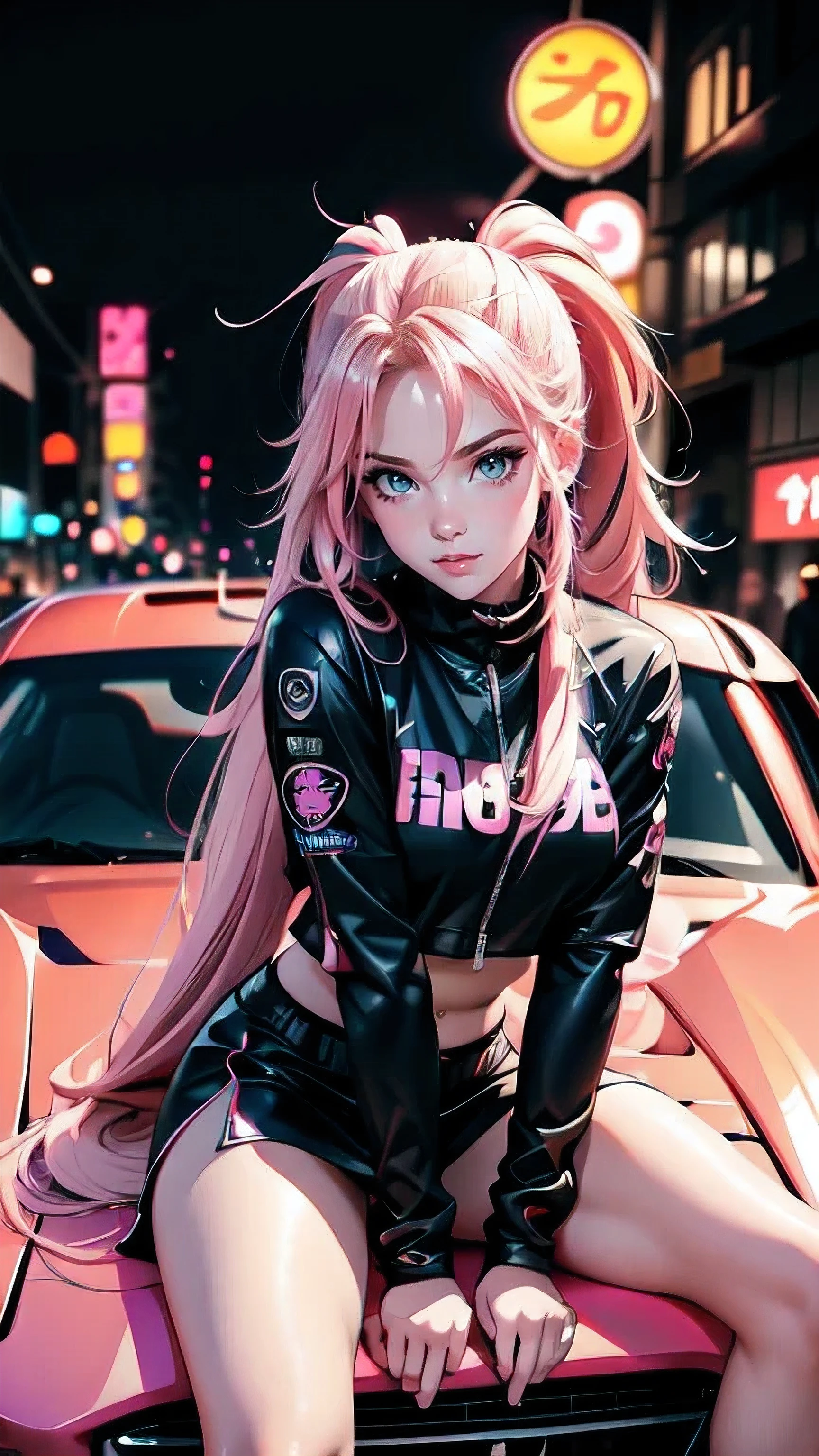 anime girl, long blonde hair with pink streaks, ponytail, pink eyes, sitting on the hood of a tuned sports car, car with anime graphics, posing, looking at viewer, street racing style, Tokyo Drift setting, night, neon lights, ultra 8k, high detail, anime art
)


