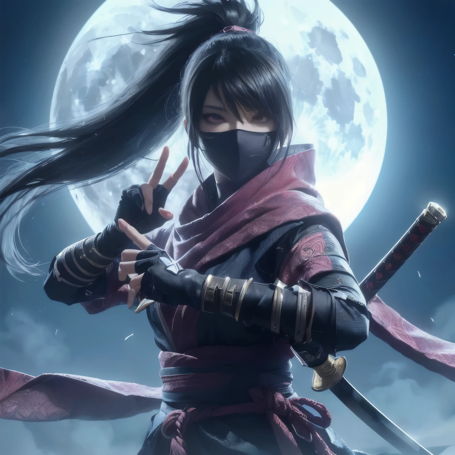 Close up portrait of a person holding a sword in front of a full moon, mystic ninja, Amazing anime 8k, Goth Ninja, Anime Style 4k, anime wallpaper 4k, anime wallpaper 4k, Akali, 4k anime wallpaper, Akali from league of legends, kunoichi, MK Ninja, 4K Manga Wallpapers, Anime Art Wallpapers 8K