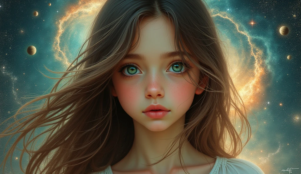 An empty, silent scene, a deserted desert with dark starry skies. In the center of the picture is a young girl sitting on her knees, her hair is messy, her eyes are dull, and she looks very lost and sad. Next to the girl was a small dog lying on the ground, also showing a helpless and frustrated expression. The tone of the whole picture is relatively dull, and the faded, dull gray gradient background conveys a strong sense of loneliness and depression, which also echoes the girl's mood. Above the picture, the title "Tender Years" may be written to emphasize the theme expressed in the picture. --auto --s2
