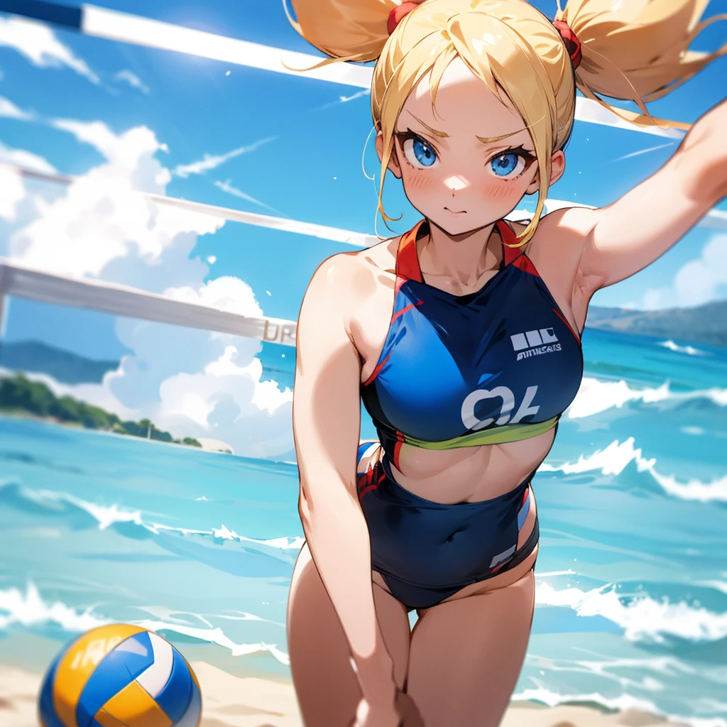 top quality、top quality、Females((、American、small cute、a blonde、ponytail、blue bikini、big bast、Bust 95、A slender、A slight smile、Breasts wide open、Reflecting the whole body、Wrist watch )),Highness、depth of fields、Background with((the beach))、Beach balls