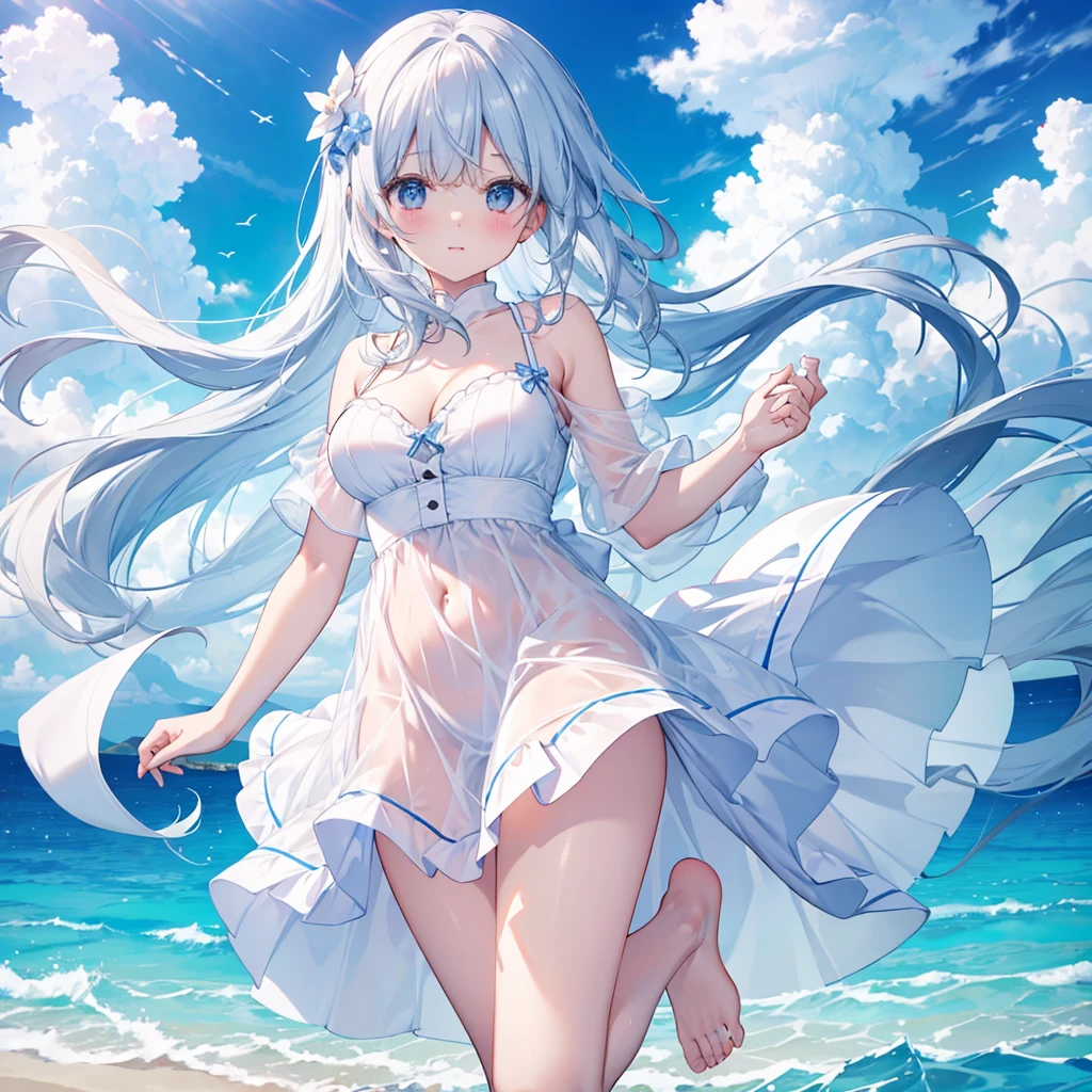 (masterpiece, top quality, best quality), (splash art), european, stunning woman on a beach, naturalistic, pale skin, (long white hair), heavenly, anklets, jewelry, beautiful tropical sea, astonishing clouds, absurd water, palms, insane detail, (wind), revealing, reefs, breathtaking, whole body, sexy pose, summer, (crystal clear water), braided bangs, birds, flowers, cold colors, (sandals), detailed swimsuit, (revealing white plunge swimsuit), belly, summer paradise, coast, mountains, detailed beach, dynamic, strapless, cleavage, standing, skimpy, lush, arms behind back