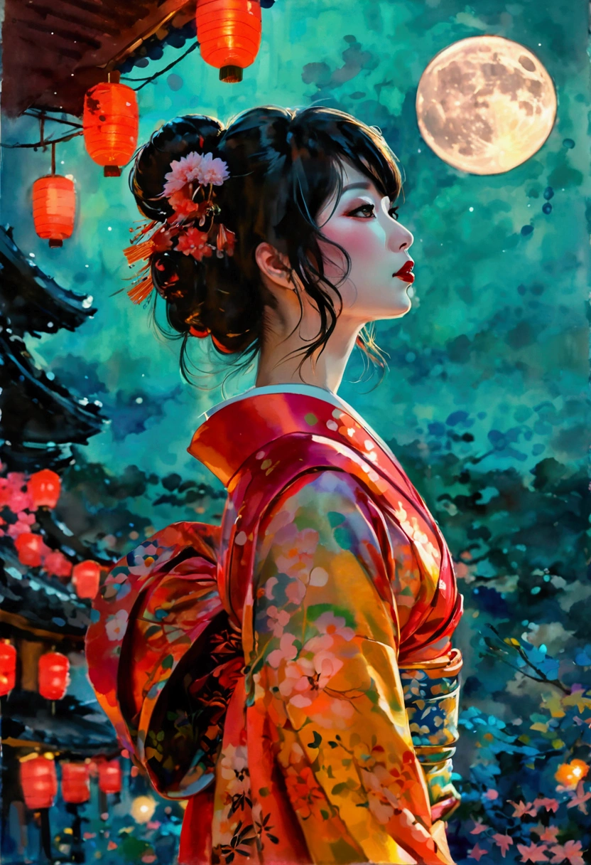 Highly detailed, High Quality, Masterpiece, beautiful, night, (dark environment), mountains, water, trees, red moon, Botan, BotanKimono, hair ornament, hair flower, double bun,  from behind, bare ass