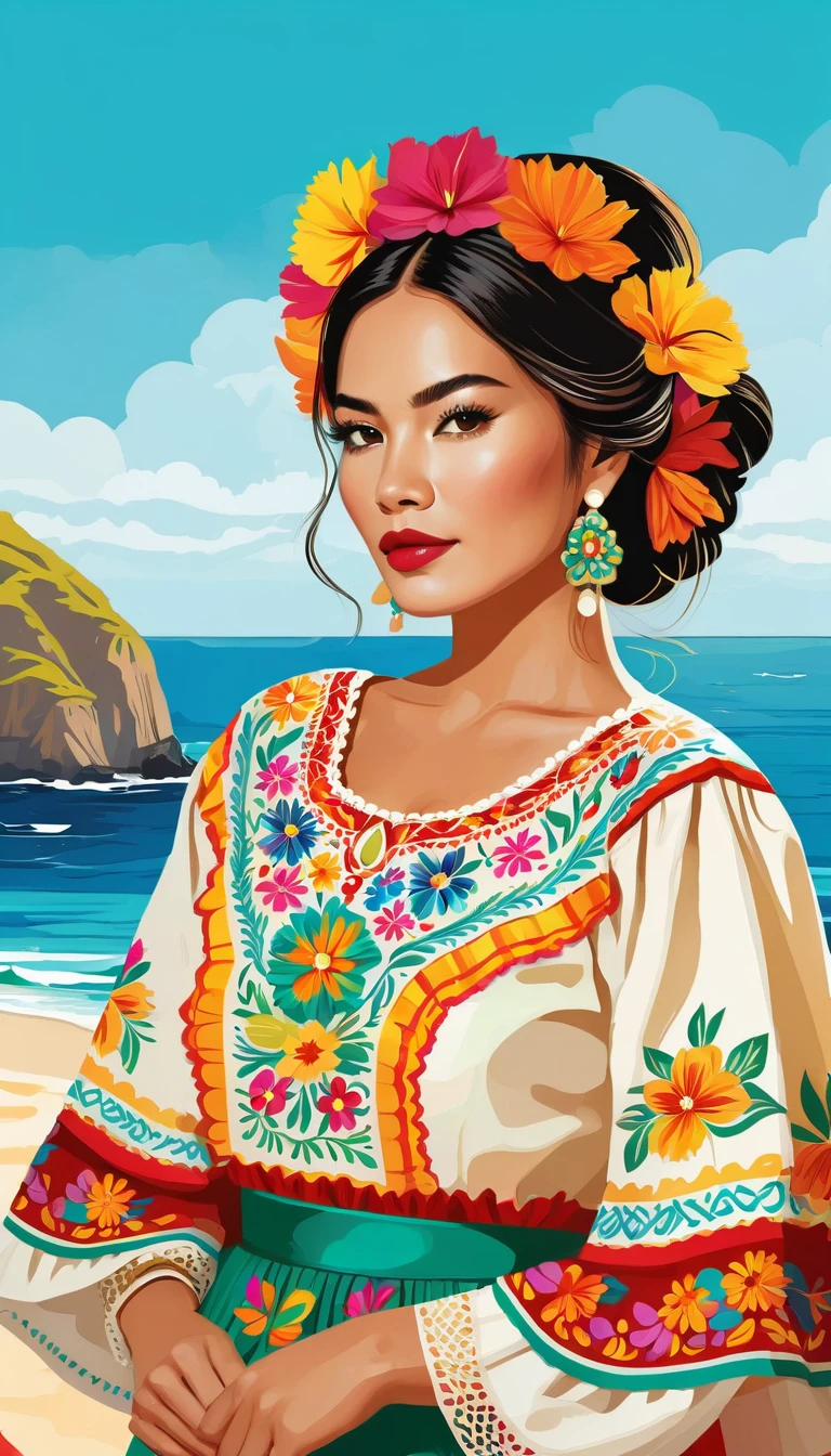 woman in maldives folk outfit, vector graphics, strong contours