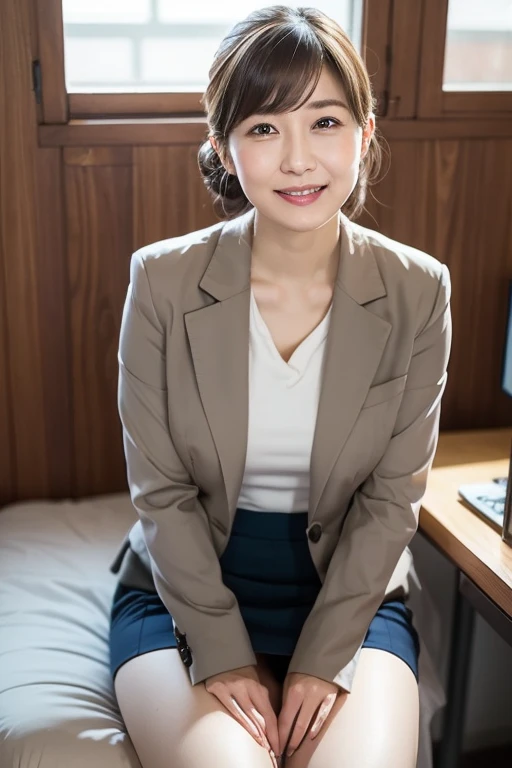 Masterpiece, photo quality, Japanese woman, CEO secretary, business jacket, cotton tight skirt, (updo:1.2), smile, droopy eyes, gentle eyes, bangs, beautiful skin-colored thighs, office, perfect lighting,