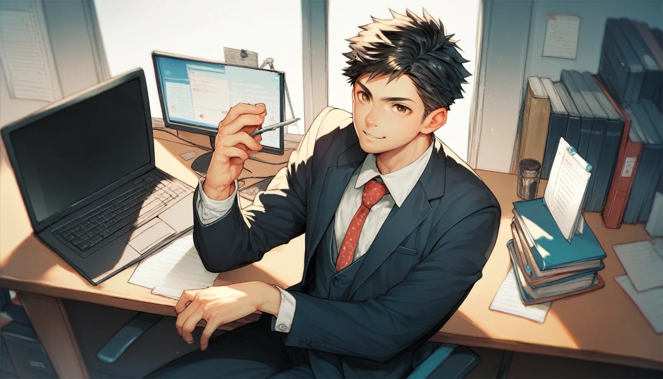 officeワーカー, alone, operate your computer at your desk, Japanese, Black Hair, Brown eyes, male, suit, office