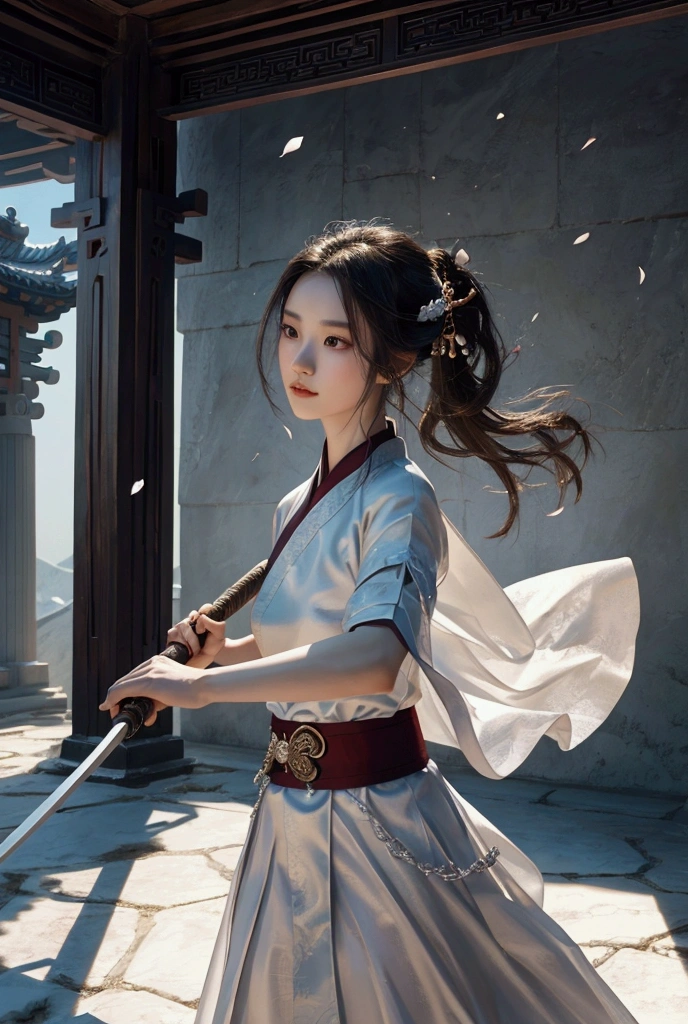 Snow, petals flying in the air, a girl fighting with asword, she defends herselfwith a sword, in thecenter of the temple, panorama, movie light, a ar oldChinese beautiful girl in Hanfu, girl swordfighting martial arts style, Chinesefairy taleoackground is colorful points of light, highlydetailed,dynamic.cinematic,stunning, realisticighting and shadows, dramatic, stunning,35mmshot, realistic