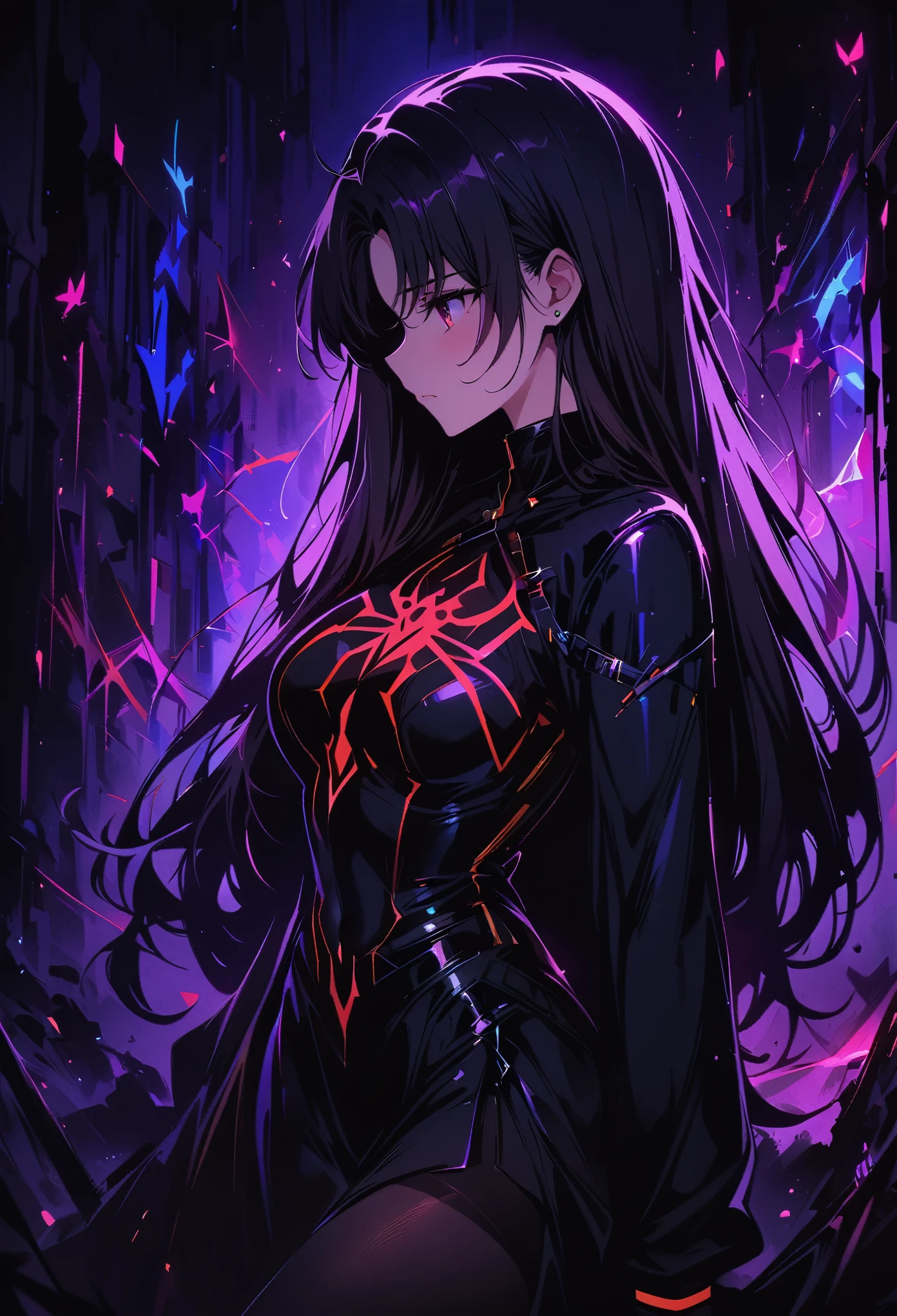 Rin Tohsaka，(masterpiece, best quality:1.2), Black Light Art，1 girl, solitary，，Chest，Tights，Tights
