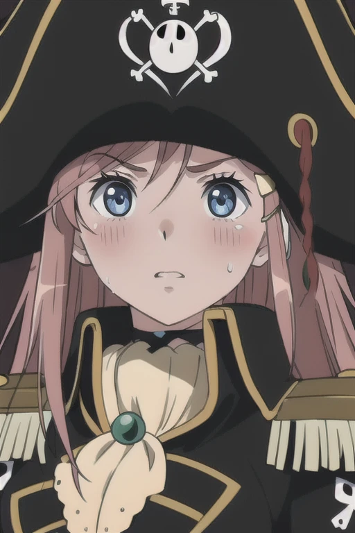 masterpiece, best quality, 1girl, detailed face and eyes, big breasts, cleavage, Katou Marika, close-up, (black pirate costume), (black pirate hat), looking at the viewer, aroused facial expression, parted lips, blush, sweat,   (simple dark background), view from below