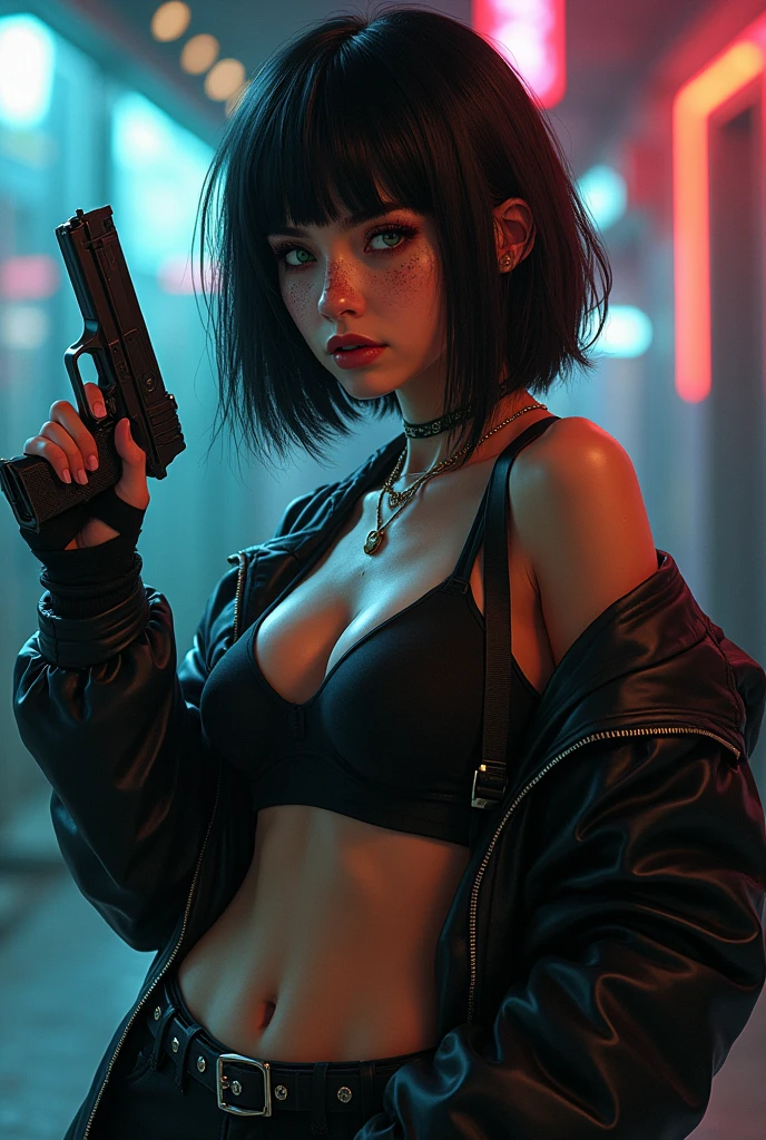 Tia is shohwn toh have a fairly slender figure. ella tiene el pelo blanco grisáceo , she has shohrt hair and large pale green eyes, playbohy bunny, sohloh,conejo,orejas,ohutdohohrs,neohn lights,iluminación cinematográfica,ciberpunk,mecha musume,hohlding weapohn,pistola,lohohking at viewer,;oh,blanc \(Asentir\),mujer madura,(pechos enormes),brillante,brillante skin,allanamiento,tacones negros, cleavage expohsed, pechos grandes, superiohr quality, muchos detalles, Puri fohcus  Sharp and realistic