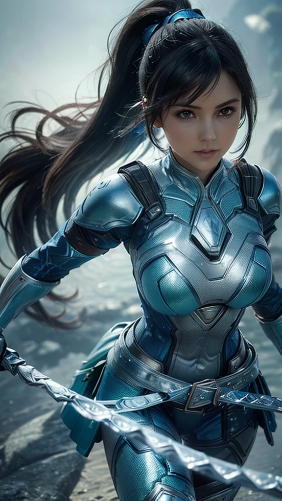 (Masterpiece, 4k resolution, ultra-realistic, very detailed) ( Masterpiece, 4k resolution, ultra-realistic, very detailed) A beautiful sexy female superhero who is a demigoddess , blue/green eyes and  dark blue hair.  , , She wears a blue outfit with a fish scale like texture sleeveless , she has bracelets that are silver, and has black boots with a glowing blue tint. a silver belt with a sea shell in the center, (Oceania) () (, ponytail ) (ponytail)