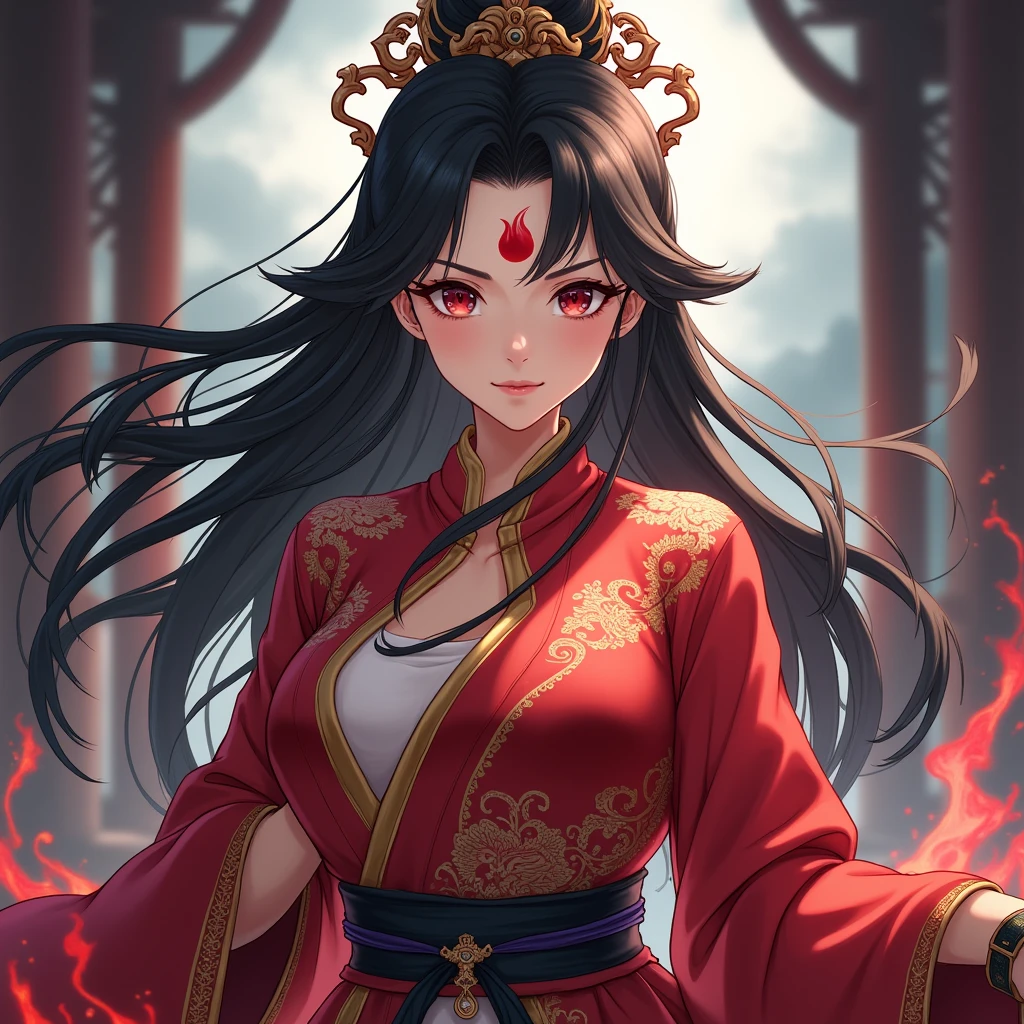 princess azula, evening, sunset, looking at viewer, cleavage, red satin robes, clothed bathing, girl floating above the water, palace, temple, fire, lava, red glowing, smug face,