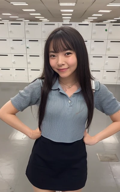 、Japanese、naked、small breasts, , twin tails, navy blue mini skirt, light blue shirt, idol sculpture, Wet, smile、Pink wall、sexy、slender