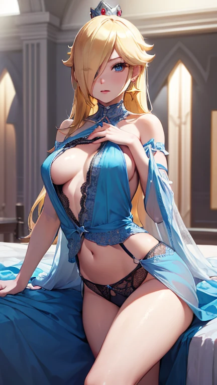 Rosalina, wearing sexy lingerie, Lace Lingerie, Blonde, blue eyes, Hair on one eye, Long Hair, Small breasts, mini skirt, the lower half of the chest is exposed, Lift up your blouse、Showing part of her chest, Exposing the abdomen, Crown, Earrings, jewelry, Princess, star Earrings, Looking at the audience, Highest quality, High resolution, (Beautiful attention to detail: 1.6), Highly detailed face, Highly detailed CG, (Perfect hands, Perfect Anatomy),