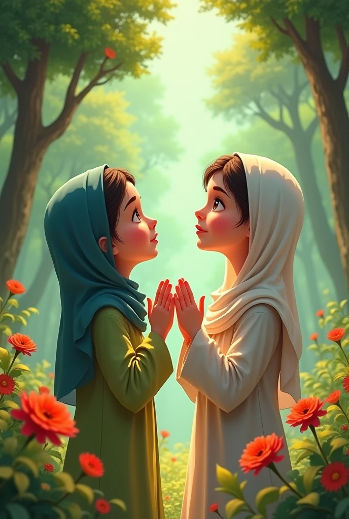 Create a two Muslim full covered beautiful two children, they are talking eachother