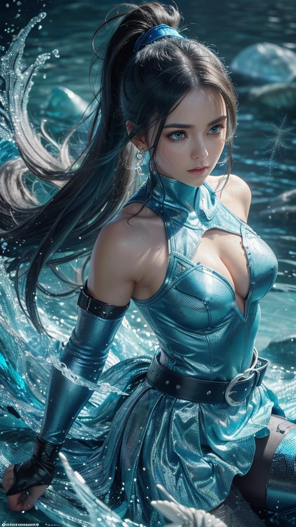 Real raw photo, public curly dark hair, Ponytail, beautiful female warrior, approximately 20 years of age, with a perfect body and dressed only organza transparent coat (see-through: 2.0) , The character has dark blue hair with red highlights, tied in a horse tail, and holds a short sword in her hand. I would like the drawing to be done in any graphic convention that fits the character’s nature, wet skin, (wet:2.0), shiny skin, transparent organza flowing coat, photorealistic: 2.0. Shiny skin, --auto --s2