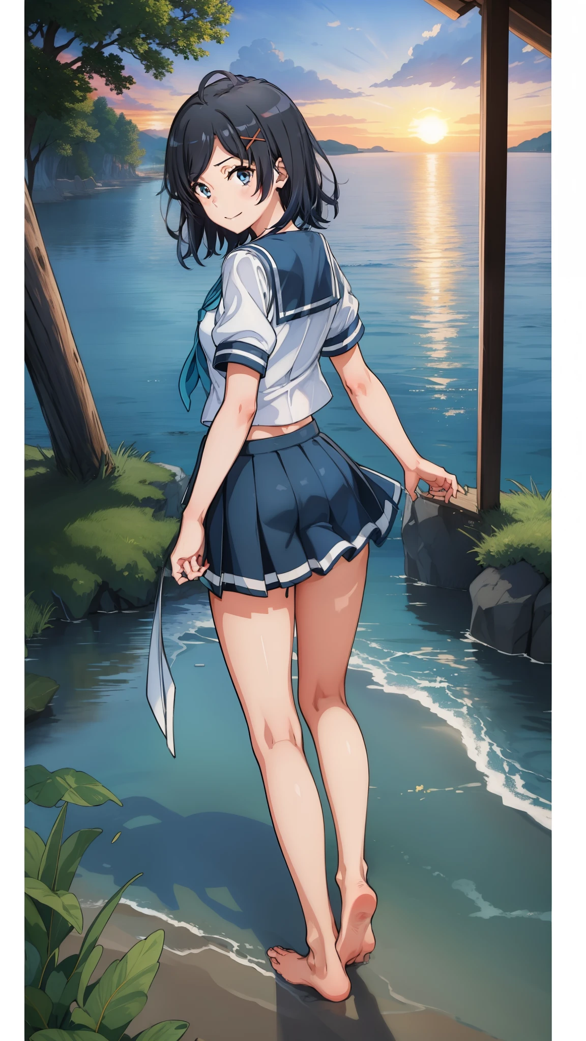 (masterpiece, best quality:1.2),illustration,8k,HD,Seaside,Sunset sky,1girl,solo,look back,Komachi Hikigaya, barefoot,(portrait:1.2),black_hair,short_hair,white seraph,sidelocks,smile,black_eyes,Sailor suit, Short sleeve_uniform, uniform,,skirt,evening