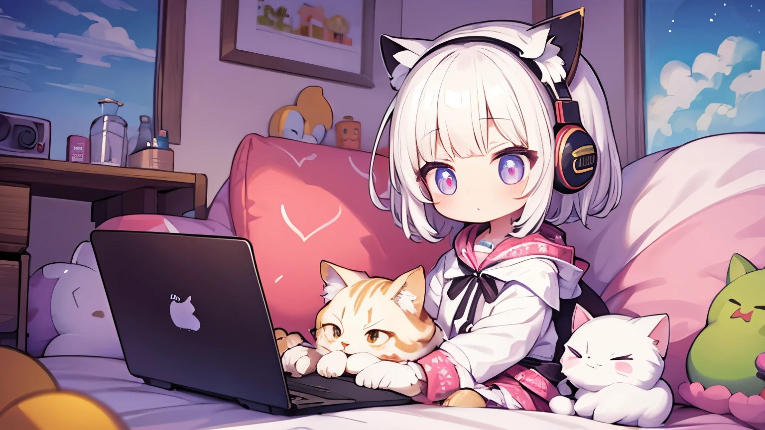 masterpiece,Cute girl and real kitten, music、headphone