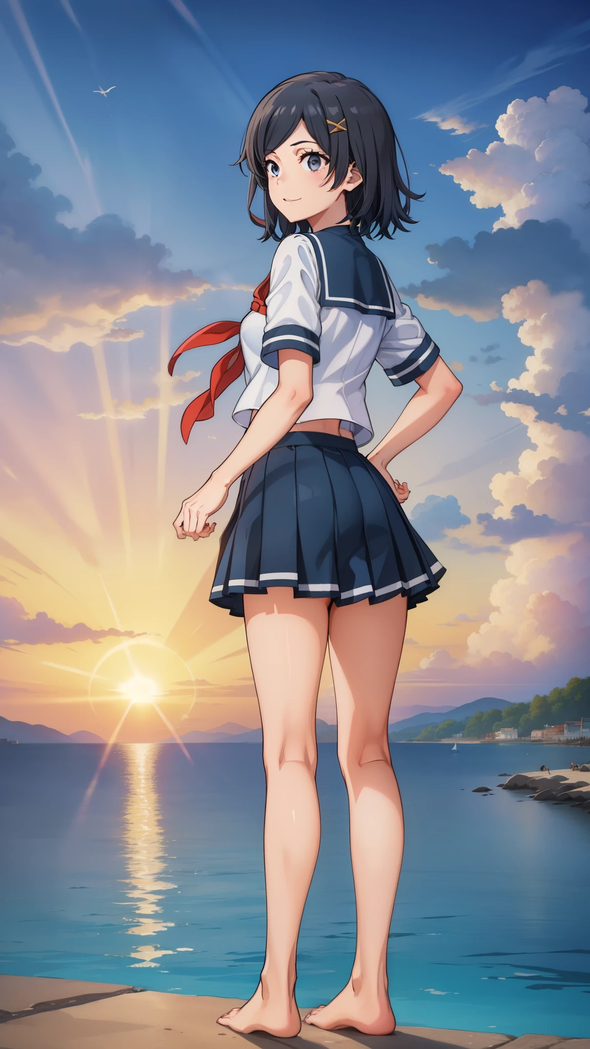 (masterpiece, best quality:1.2),
{Highest quality:1.5}, (masterpiece:1.3),illustration,8k,HD,Seaside,Sunset sky,1girl,solo,look back,Komachi Hikigaya, barefoot,(portrait:1.2),black_hair,short_hair,white seraph,sidelocks,smile,black_eyes,Sailor suit, Short sleeve_uniform, uniform,,skirt,evening