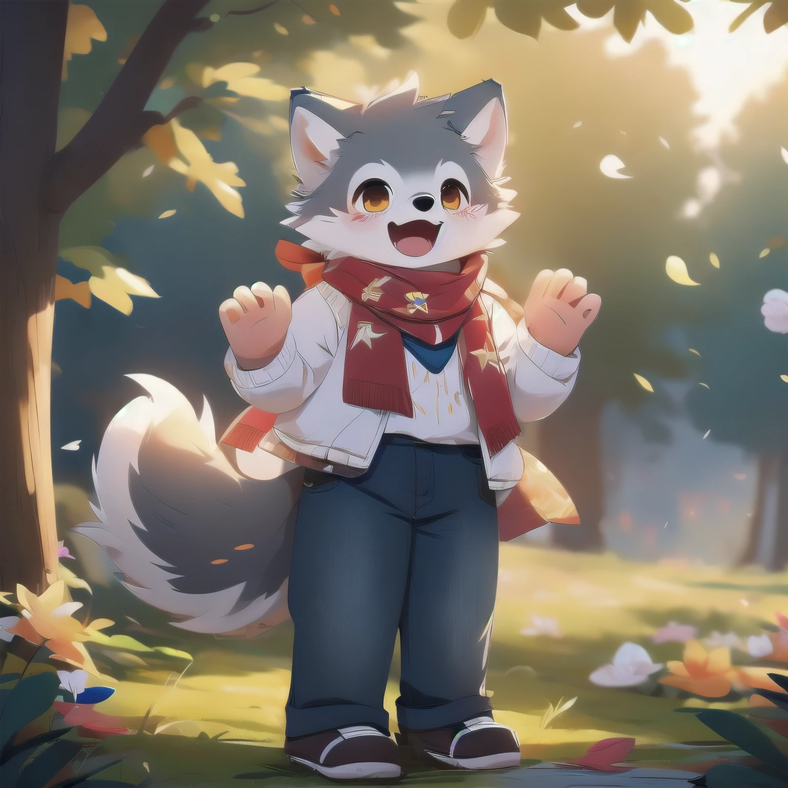 tmasterpiece,High-quality portraits,abstract res,digitial painting(Fluffy fur,),anthro male wolf, short detailed hair, eyes with brightness, in a panoramic view, shaggy, Furry boy, (Full Body Furry, Fluffy tail, White fur, blue color eyes, Gray hair,having fun,Wolf ears,Erect ears), (long canines、)autumnal,grassy fields,A few small flowers,clear lakes,a paradise,Large clouds,blue-sky,Refreshing weather,HD body details,Hyper-detailing,cinematic ligh,the soft light,Ray traching(Small white shorts,White calf socks,White casual shoes,gray sweaters,Super cute face,)HD facial details