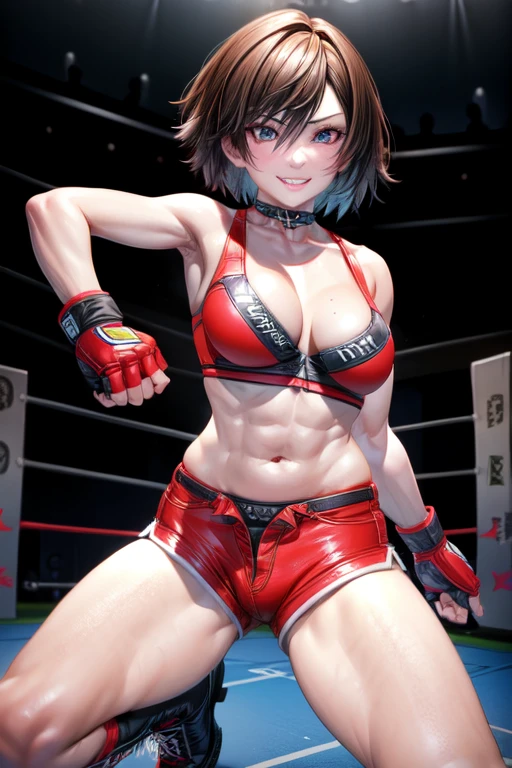 One girl,1,Perfect hands, Perfect Fingers,Perfect Anatomy,masterpiece, Highest quality,Realistic, hyperRealistic, 16k hdr,,Hinomoto_Reiko,Large Breasts,short hair,Black Hair,belly button, Cleavage, Brown eyes,boots,choker,abdomen, Fingerless gloves,(Red shorts,I rode it a lot),(Boxing Ring,Spotlight),(Lift your legs,High Kick:1.5),Dynamic pose,Dynamic Angle,smile,,From below