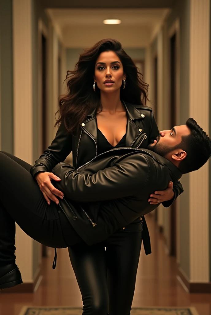 Smiling Nora fatehi in black leather jacket lifting a large chubby man on her shoulders in a empty street, full view