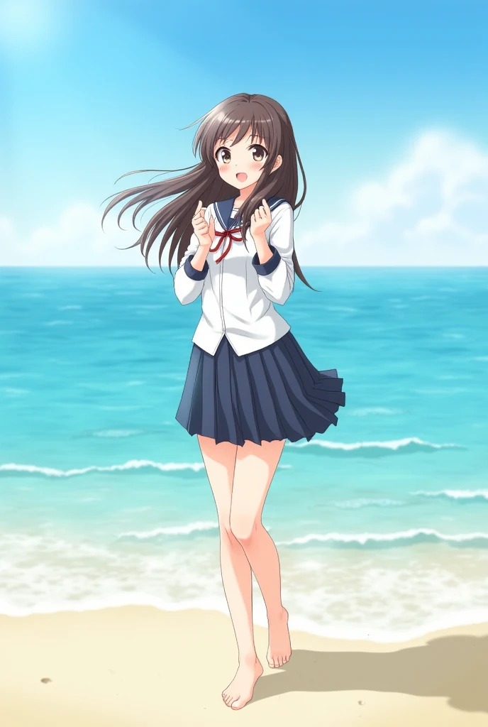 hightquality、Three Beautiful Girls、kawaii hair style、Cute hair colors、Cute colored sailor suit、white sailor collar、Cute plaid pleated skirt、Cute colored school cardigan、Stockings in bright colors、Winter sea、Beach、the setting sun、early evening、 Dancing with a smile、panthyhose、pantie shot