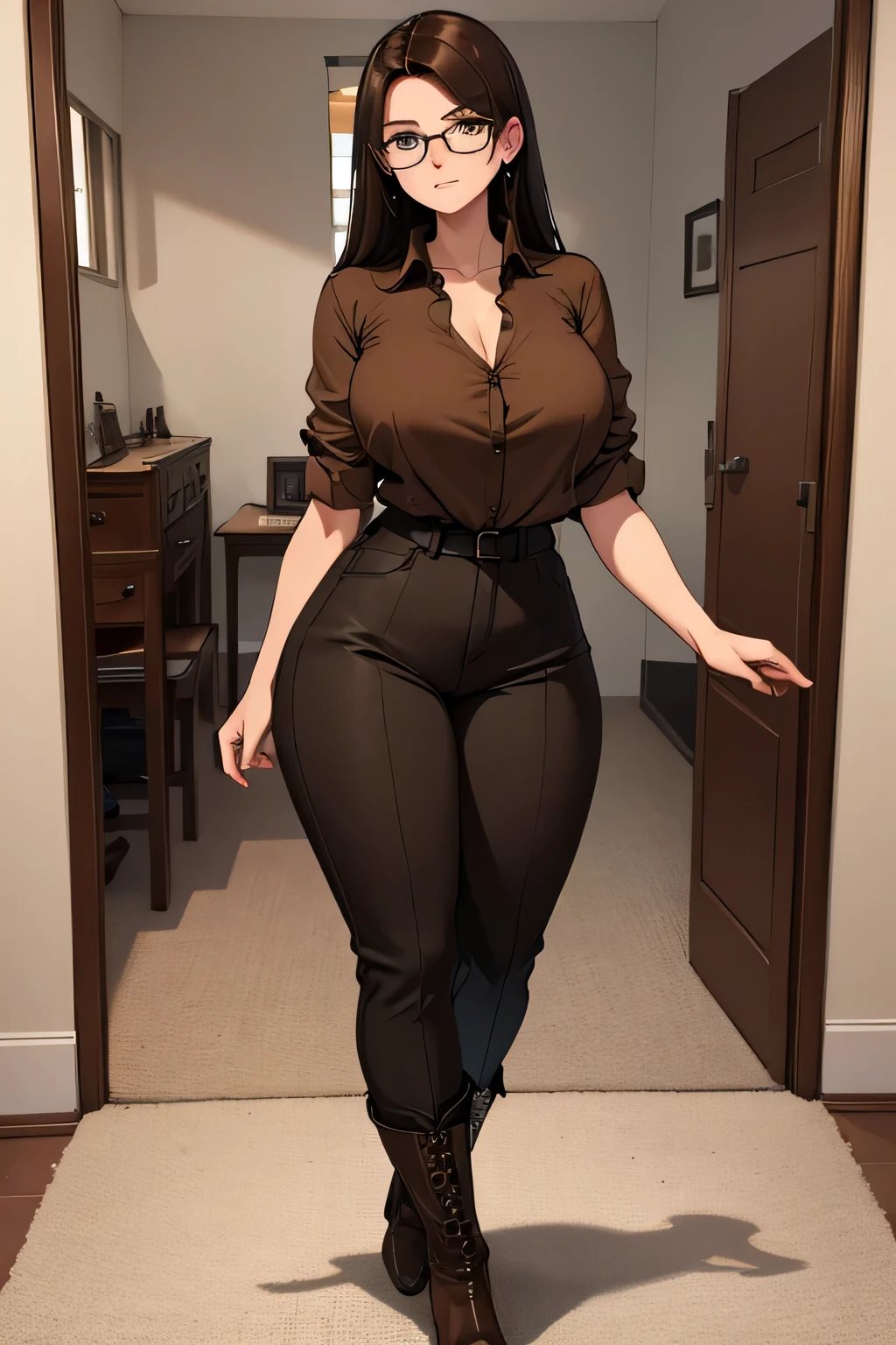 solo, (brown sweater), (gray pants), seductive smiling, (((standing to camera))), (red heels), (brown eyeshadow), (brown curly hair), ((voluptuous body)), (perky butt), (((mother))), radiant lighting, vibrant colors, whimsical atmosphere, 8K, high resolution, highly detailed, masterpiece, vibrant and luminous, dynamic and imaginative, beautiful and enchanting, charming and captivating