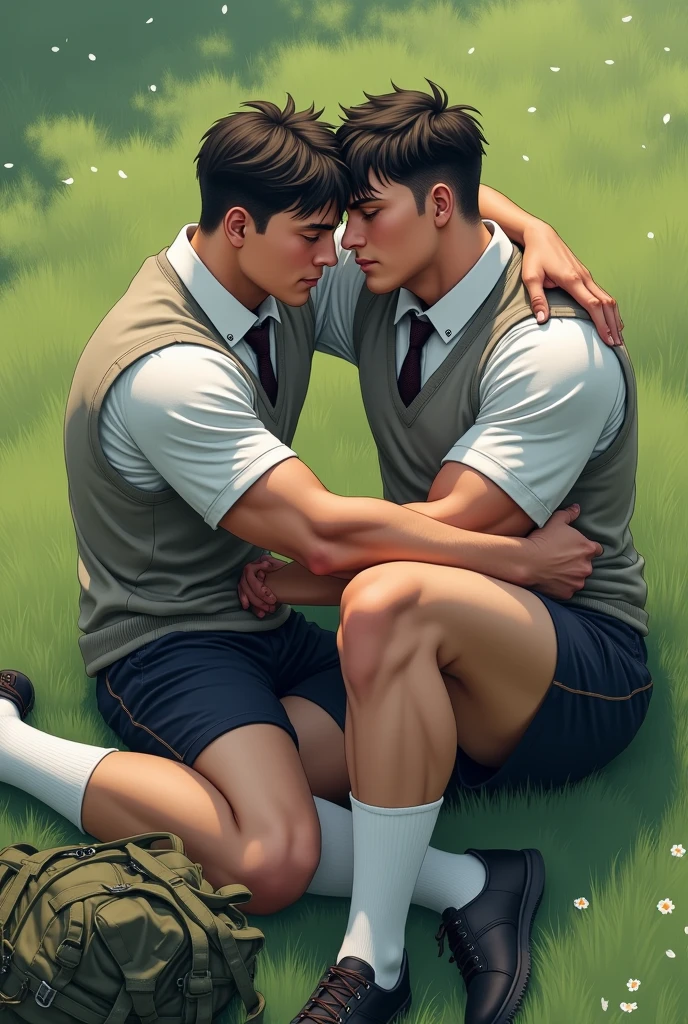 Two naked boys kissing， lying down in the park, Raised sexy