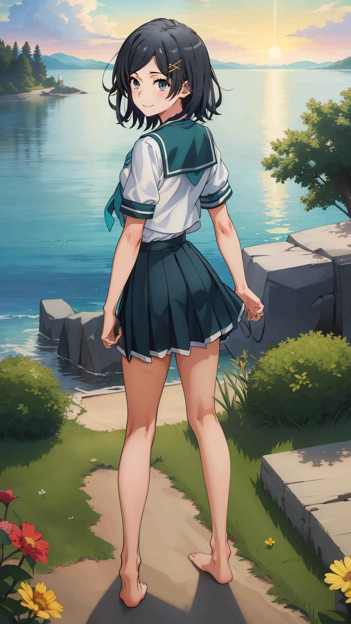 (masterpiece, best quality:1.2),
{Highest quality:1.5}, (masterpiece:1.3),illustration,8k,HD,Seaside,Sunset sky,1girl,solo,look back,Komachi Hikigaya, barefoot,(portrait:1.2),black_hair,short_hair,white seraph,sidelocks,smile,black_eyes,Sailor suit, Short sleeve_uniform, uniform,skirt,evening,Green uniform ribbon,