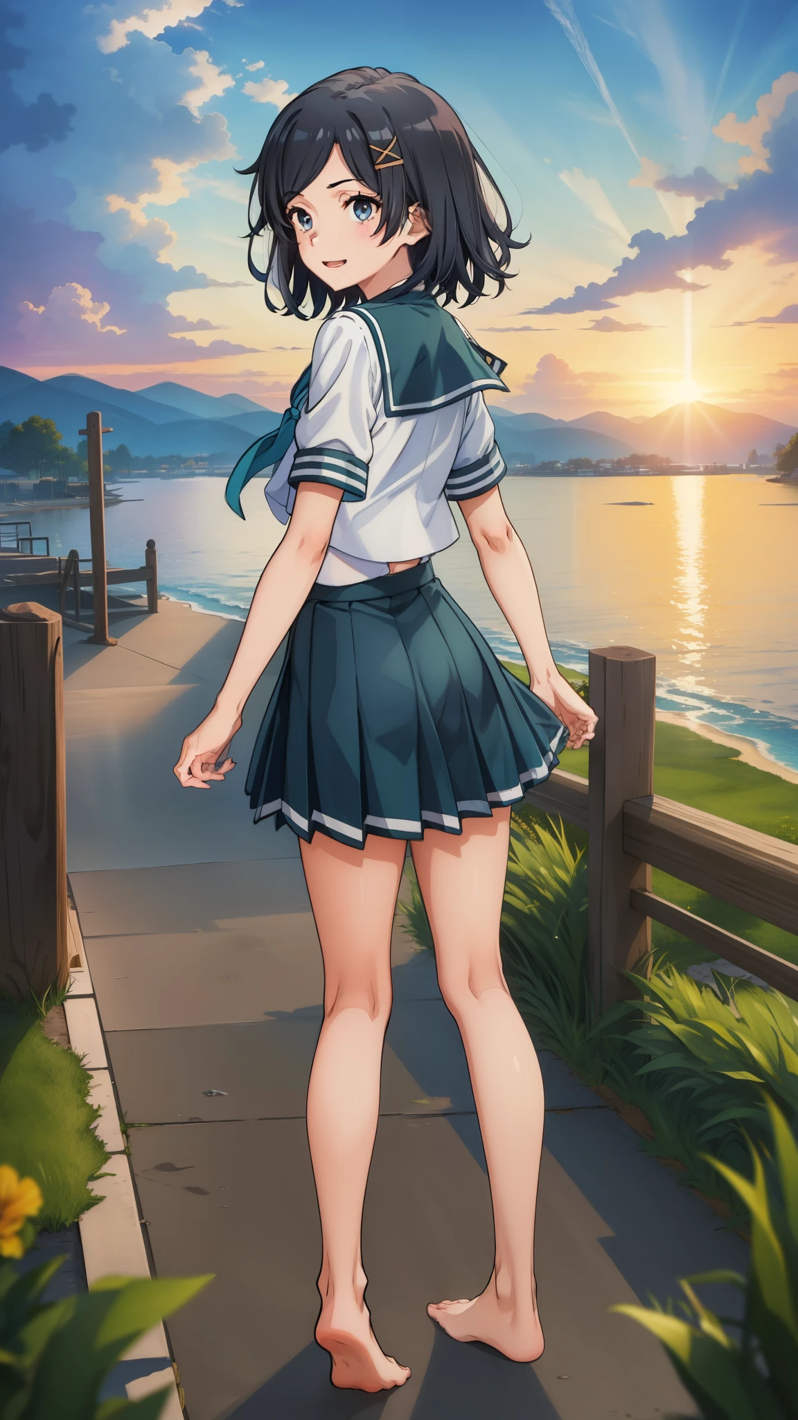 (masterpiece, best quality:1.2),
{Highest quality:1.5}, (masterpiece:1.3),illustration,8k,HD,Seaside,Sunset sky,1girl,solo,look back,Komachi Hikigaya, barefoot,(portrait:1.2),black_hair,short_hair,white seraph,sidelocks,smile,black_eyes,Sailor suit, Short sleeve_uniform, uniform,skirt,evening,Green uniform ribbon,