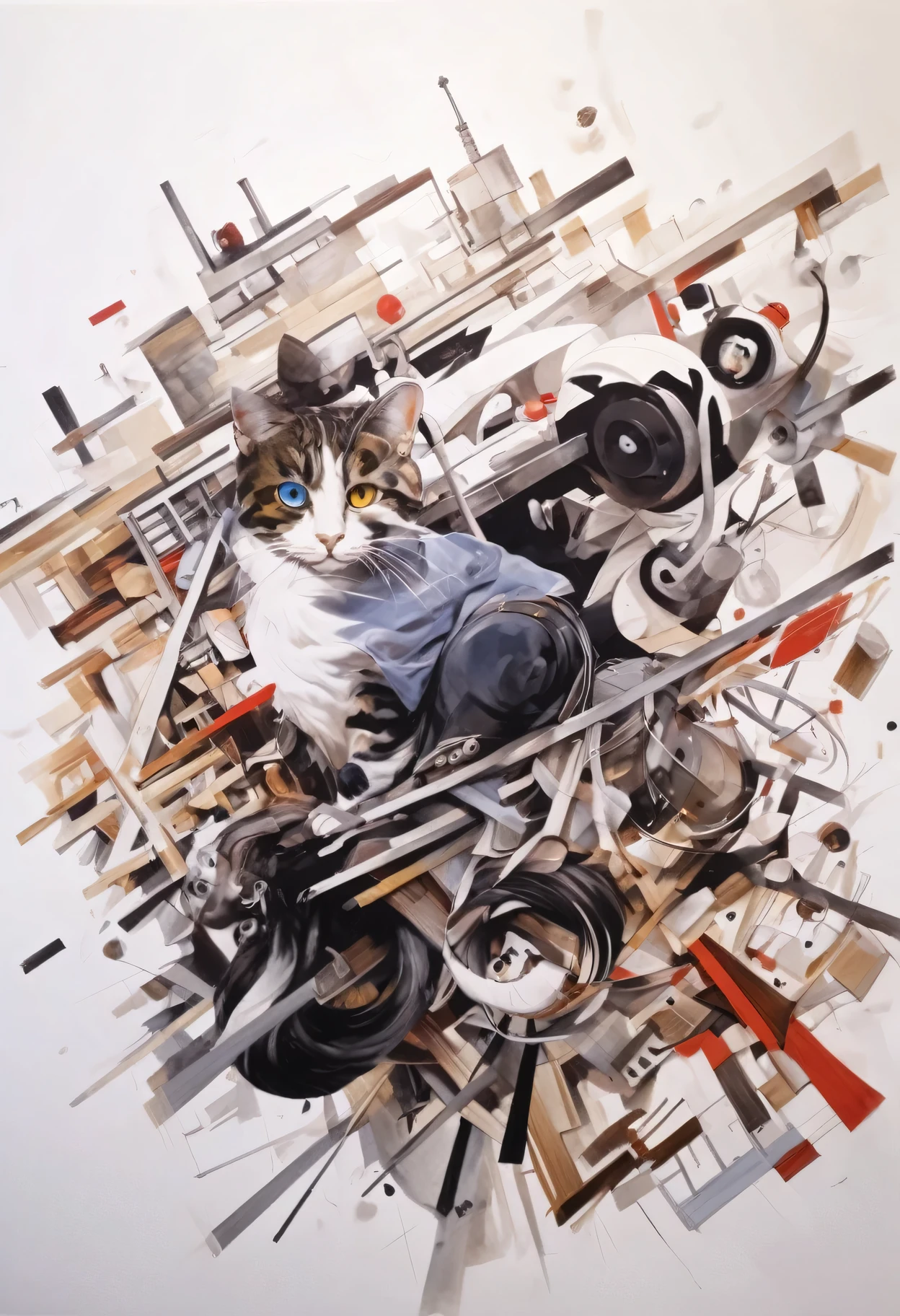 Magical Painting, Surrealism, chaos、Avant-garde, Abstraction, Optical illusion, Optical Effects in Painting, Mix and match styles, Hidden Meaning,、(White Tone:0.95), Thick fabric, (Ashley Wood Art AI:1.8). (Bosch_Living things:1.8), As summer drew to a close in September, a man with a cat&#39;s face was gazing at white clouds and mushrooms flying in the sky on the beach., Colorful thick brushstrokes in the background, Very detailed, Whimsical, Widespread paint splashes. (Tellitzia Altai:1.1) 