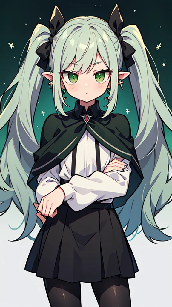 Freezing, Freezing, Long Hair, Twin tails, (Green Eyes:1.5), Grey Hair, Pointed Ears, Fairy,
Breaking shirt, Long sleeve, jewelry, pantyhose, Earrings, Striped, black pantyhose, Capelet, Striped shirt,