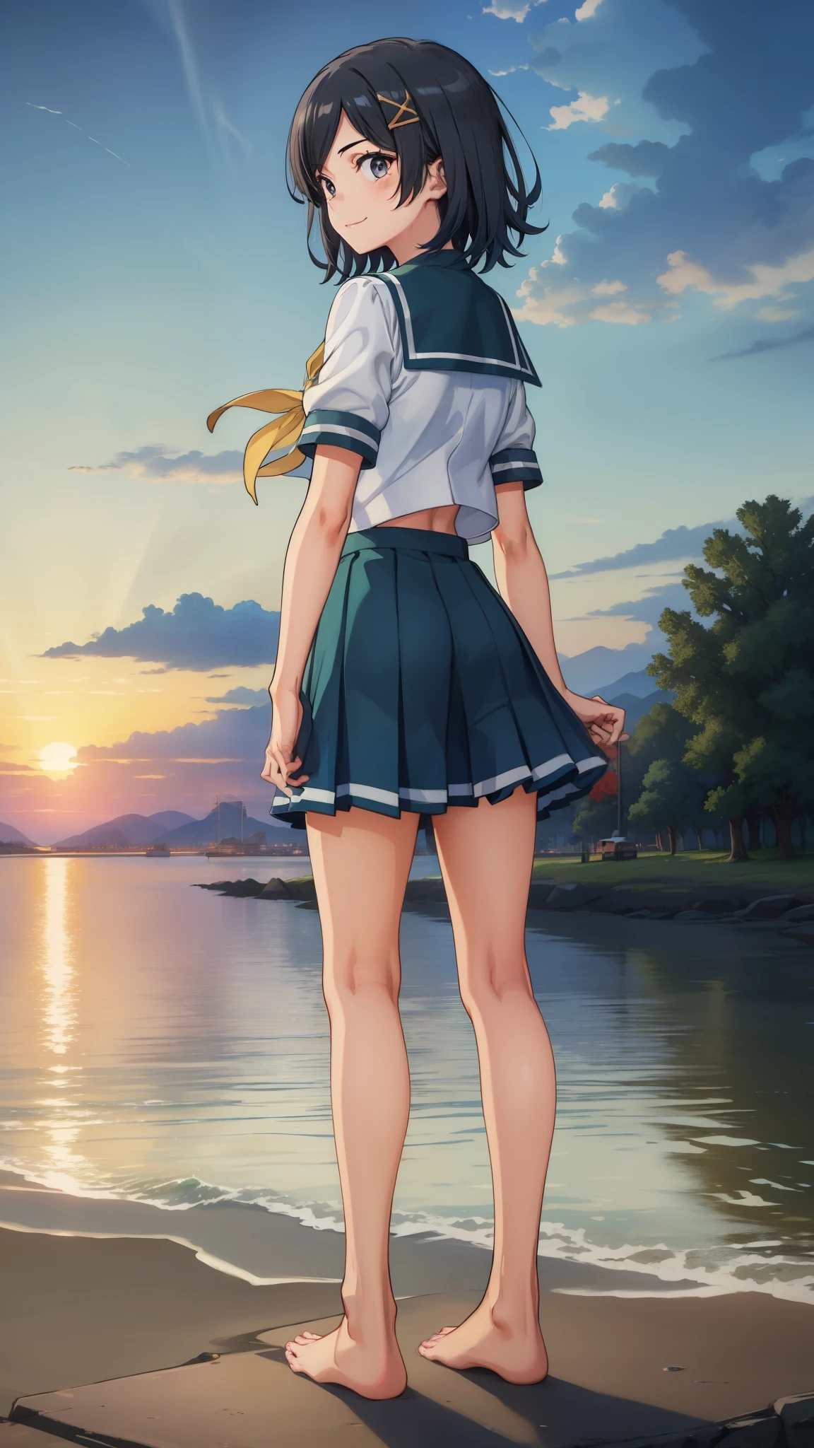 (masterpiece, best quality:1.2),
{Highest quality:1.5}, (masterpiece:1.3),illustration,8k,HD,Seaside,Sunset sky,1girl,solo,look back,Komachi Hikigaya, barefoot,(portrait:1.2),black_hair,short_hair,white seraph,sidelocks,smile,black_eyes,Sailor suit, Short sleeve_uniform, uniform,skirt,evening,Green uniform ribbon,