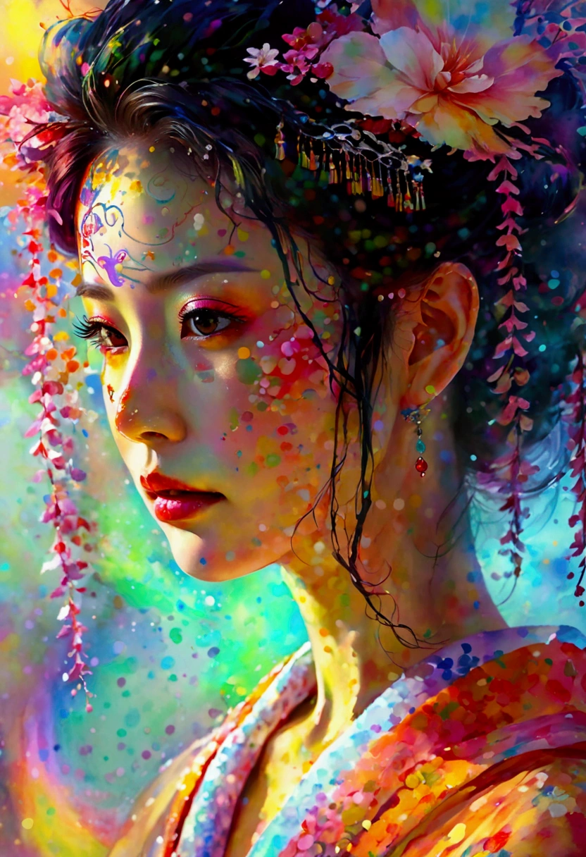 A close-up of a beautiful Japanese woman dressed as an oiran, her face enveloped in a mystical, rainbow-colored mist. She has an enigmatic and alluring expression. The scene is portrayed in a watercolor painting style, with soft, fluid brushstrokes creating an ethereal and surreal atmosphere. Her hair is painted with delicate watercolor techniques, blending with the vibrant, swirling colors of the mist around her face. The combination of the rainbow mist and her mysterious expression enhances the dreamlike and otherworldly feeling of the image.