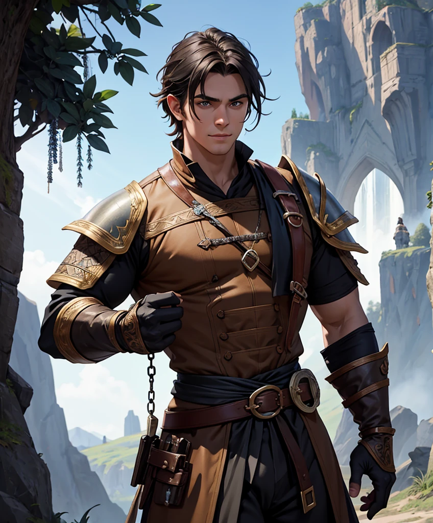 score_9, score_8_up, score_7_up, score_6_up, (((Solo focus.)))  (((Single character image.))) (((Dressed in traditional medieval fantasy attire for a dark fantasy game.)))  (((Sexy human male.))) (((Appears to be 20 years old with youthful looks.)))  (((Dressed in medieval fantasy attire.))) (((Handsome and young.)))  (((Looks like beefcake male fantasy character with sexy bare chest and perfect abs.)))  (((Dressed in medieval fantasy attire.)))  (((Ideal male physique.)))  Looks like a fun-loving and heroic male adventurer for Dungeons & Dragons. Looks like a very attractive male adventurer for a high fantasy setting. Looks like a handsome and rugged male adventurer for Dungeons & Dragons. Looks like a handsome male for a medieval fantasy setting. Looks like a Dungeons & Dragons adventurer, very cool and masculine hair style, black clothing, handsome, charming smile, adventurer, athletic build, excellent physique, confident, gorgeous face, gorgeous body,  detailed and intricate, fantasy setting,fantasy art, dungeons & dragons, fantasy adventurer, fantasy NPC, attractive male in his mid 20's, ultra detailed, epic masterpiece, ultra detailed, intricate details, digital art, unreal engine, 8k, ultra HD, centered image award winning, fantasy art concept, digital art, centered image, flirty, best quality:1.0,hyperealistic:1.0,photorealistic:1.0,madly detailed CG unity 8k wallpaper:1.0,masterpiece:1.3,madly detailed photo:1.2, hyper-realistic lifelike texture:1.4, picture-perfect:1.0,8k, HQ,best quality:1.0,
