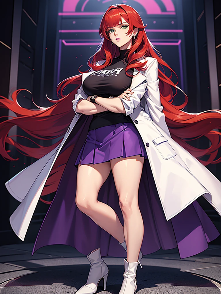 green eyes, red hair with long bangs, noble. wavy long hair. strong woman. she quiet. wear purple and black t shirt. dominant woman. mafia. mature woman. girl boss. badass woman. gangster. hair so long have bangs. gangster. wear purple t shirt and long white jacket laboratory. smiling