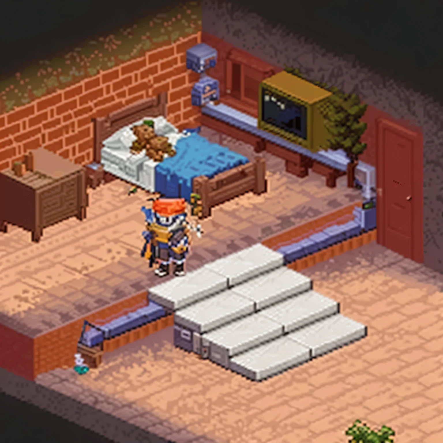 a screenshot of a person standing in a room with a bed, RPG Maker style dormitory, isometric pixel art, Isometric Arte de pixel, isometric pixel art drawing, isometric game, « Pixel Art, Isometric Art, isometric game art, 2d isometric game art, amazing isometric screenshot, /r/pixel art, lo-fi retro videogame