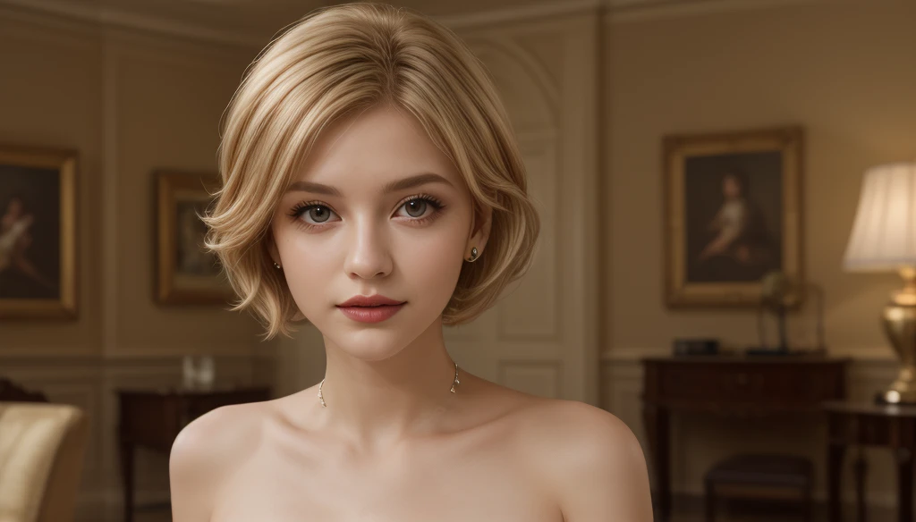 "A highly detailed and elegant young woman, blending the soft, youthful beauty of a real-life actress with the fierce yet graceful features of an animated lioness, radiating timeless charm and a cute demeanor. Her face is oval-shaped with a delicate, refined jawline, featuring fair to medium skin with a natural glow. She has large, almond-shaped black eyes with a gentle upward tilt, framed by well-defined, moderately thick, naturally arched eyebrows, exuding depth and expressiveness. Her small, straight nose and medium-sized lips, with a natural pink hue and a gentle smile, add to her cute and approachable appeal. Her cheeks are full and rounded, enhancing her youthful look. Her hair is deep brown, tied loosely in the back with a few strands falling softly around her face, adding a touch of effortless elegance. She is curvy and little chubby, with a distinctly hourglass figure featuring a well-proportioned bust, defined waist, and rounded ????. She wears a flowing, modestly cut outfit with subtle accents that ripple gently with movement, fully covering her ????? and ensuring modesty with a high neckline, paired with a delicate necklace resting precisely above her collarbone. Her soft, feminine hands feature slim, naturally arched fingers, positioned delicately with palms slightly open in a graceful gesture. Her legs are elegantly shaped with smooth, proportional contours, bent naturally at the knees and positioned symmetrically to the side, avoiding any twisted angles. Her head is tilted slightly upward, facing the viewer directly with a confident, loving, and cute expression, her eyes sparkling with energy, and her facial features symmetrical and well-defined. The scene is set in a stylishly lit, contemporary urban apartment, with her seated confidently yet tenderly on a modern sofa. The lighting is gentle and neutral warm, creating a balanced, soft ambiance. The artwork is rendered in a hyper-realistic style, inspired by the vibrant, imaginative compositions of Pa