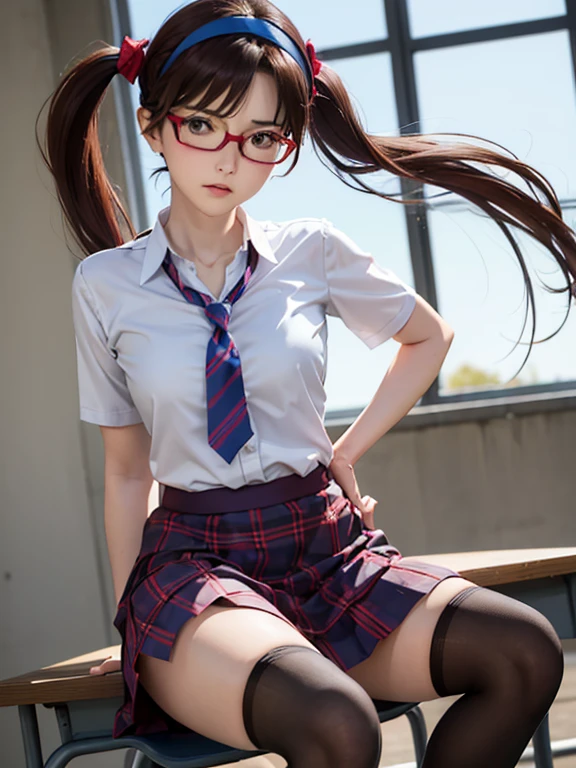 1girl, Mari Makinami, blue big eyes, brown hair, red rimmed glasses, blue headband, twintails, short sleeves dress shirt, (plaid skirt), pantyhose, school uniform, thighhighs, necktie, Slightly slim Beautiful figure, parted bangs, 
BREAK. 
((fall on one's butt with open legs:1.3, Clumsy, She shyly holds down her skirt:1.2, Embarrassed look:1.3)), ((In the classroom)), 
((masterpiece)), (anime realistic), High resolution, Best Quality, artistic photography, Super detailed, (high quality texture:1.2), RAW photos