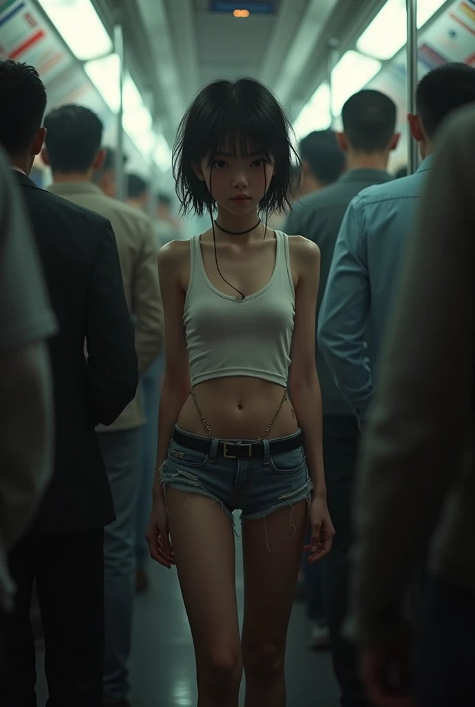 Chinese girl, long hair, white skin, blue eyes, small, cute, Big breasts, narrow waist, Beautiful legs, Wear a big jacket., gray stockings, luggage, naked woman, open chest, bare chest, Beautiful belly, Abdominal pain, เปิดpussy, pussy, full body, Visible when a naughty smile forms on her lips., naked, Unleash an aura of mystery and power., Her short black hair is messy., Add Scruffy, look fierce. his eyes, dark white, no retina, Leaving a strange feeling, Deep dark circles stand out on her pale skin., It shows that she looks tired and haunted., The surrounding environment was space and dark., The ruins bear witness to the passage of time and create an atmosphere of modernity..