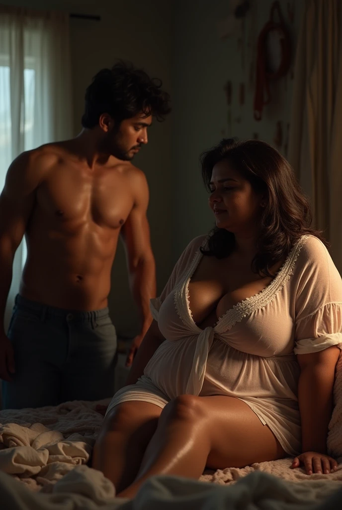 photo of Voluptuous Mature Indian Aunty with dusky skin, wearing tight Sky blue Kurti and White stole around her throat, showing her large U cut Cleavage, Hair Tied behind,Sitting on bed turning her head and Kissing a Slim Young boy, Dim Night light in the room, Rain pouring outside the window.