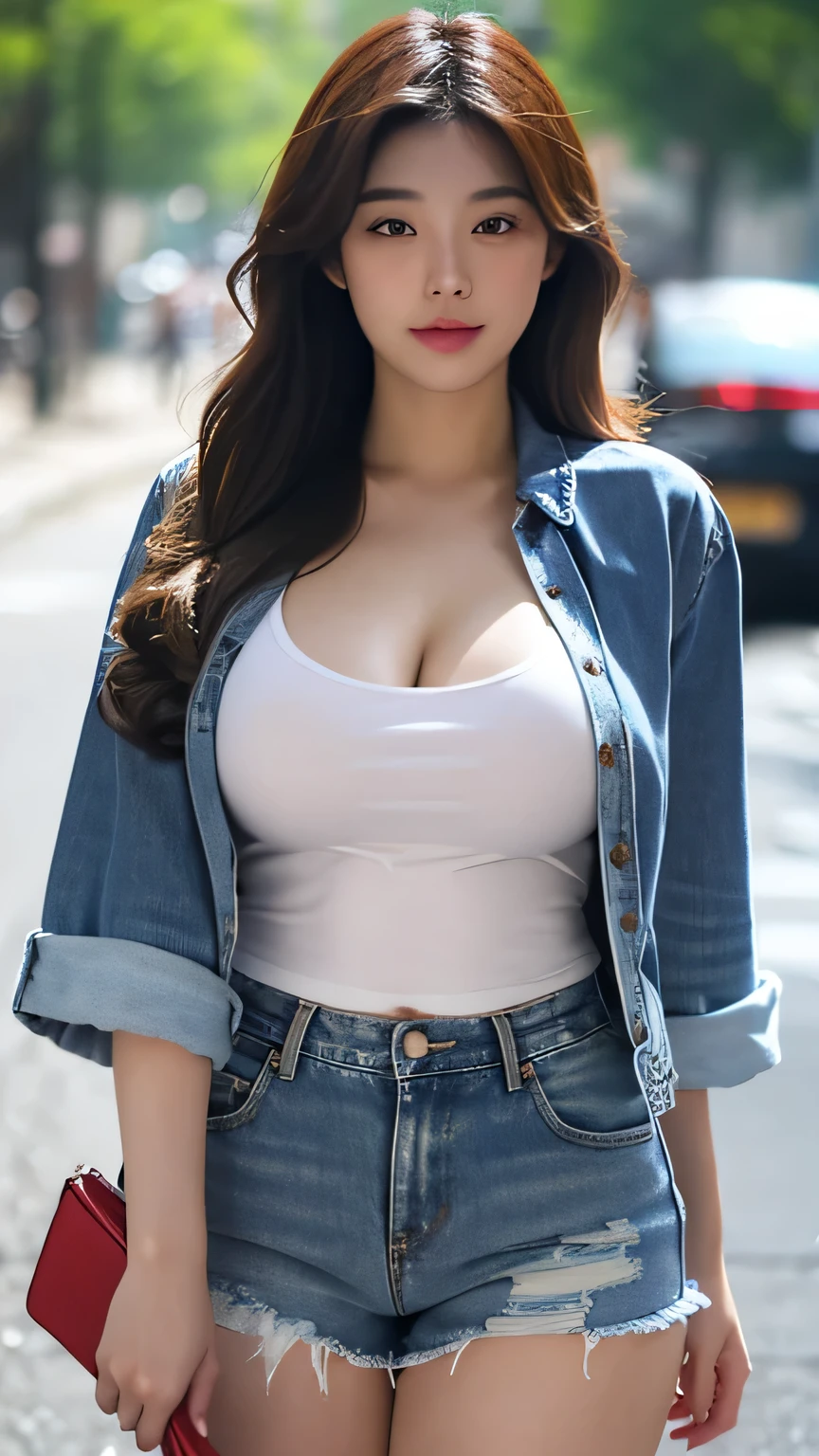 High Quality, High Detailed, 4K Resolution, Japanese girl, gorgeous face, wearing oversize t-shirt and denim shorts with rip, huge beeast, massive cleavage, curvy body, street background